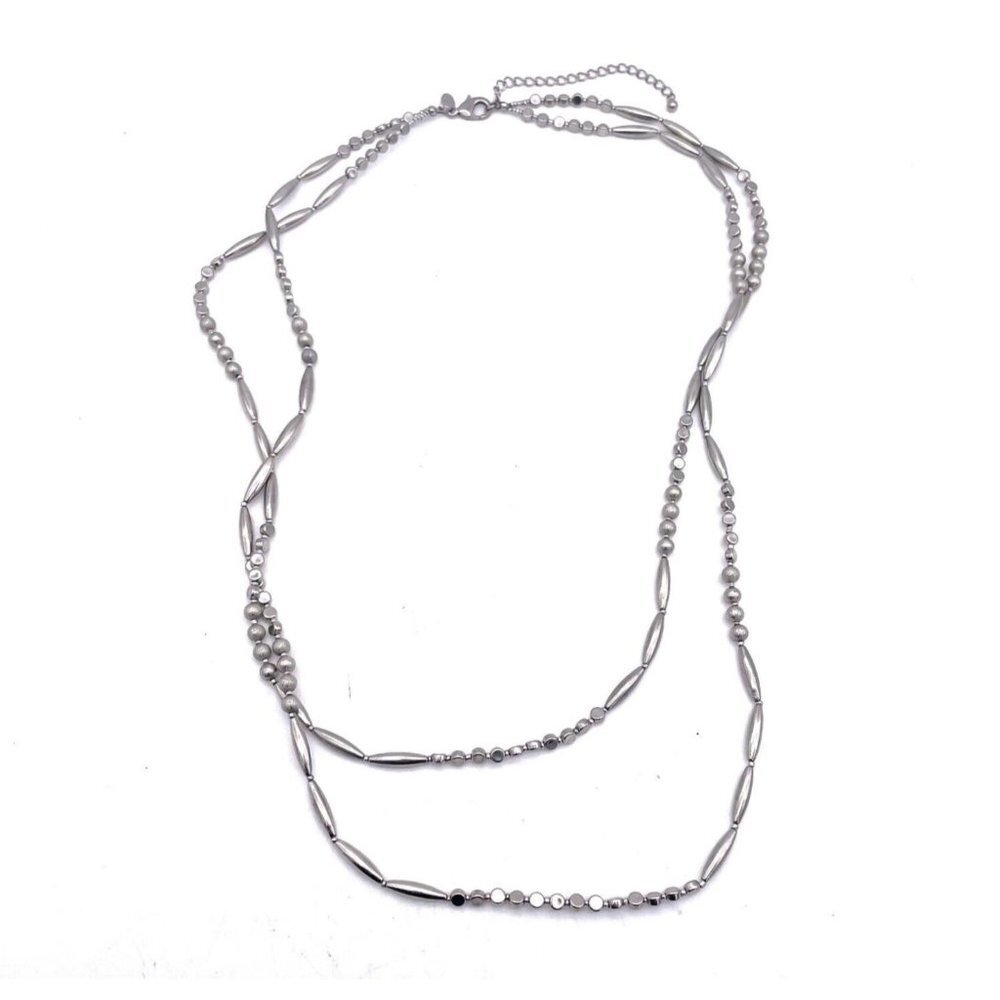 Chicos Beaded Double Layered Necklace Silver Tone